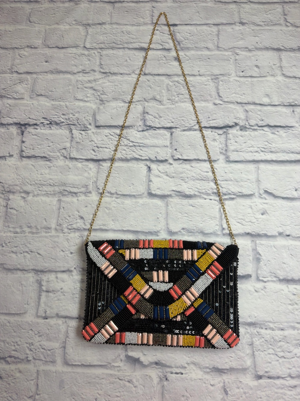 Boutique Beaded Navy, Black, Coral, Yellow Going Out Clutch w/Gold Chain Strap